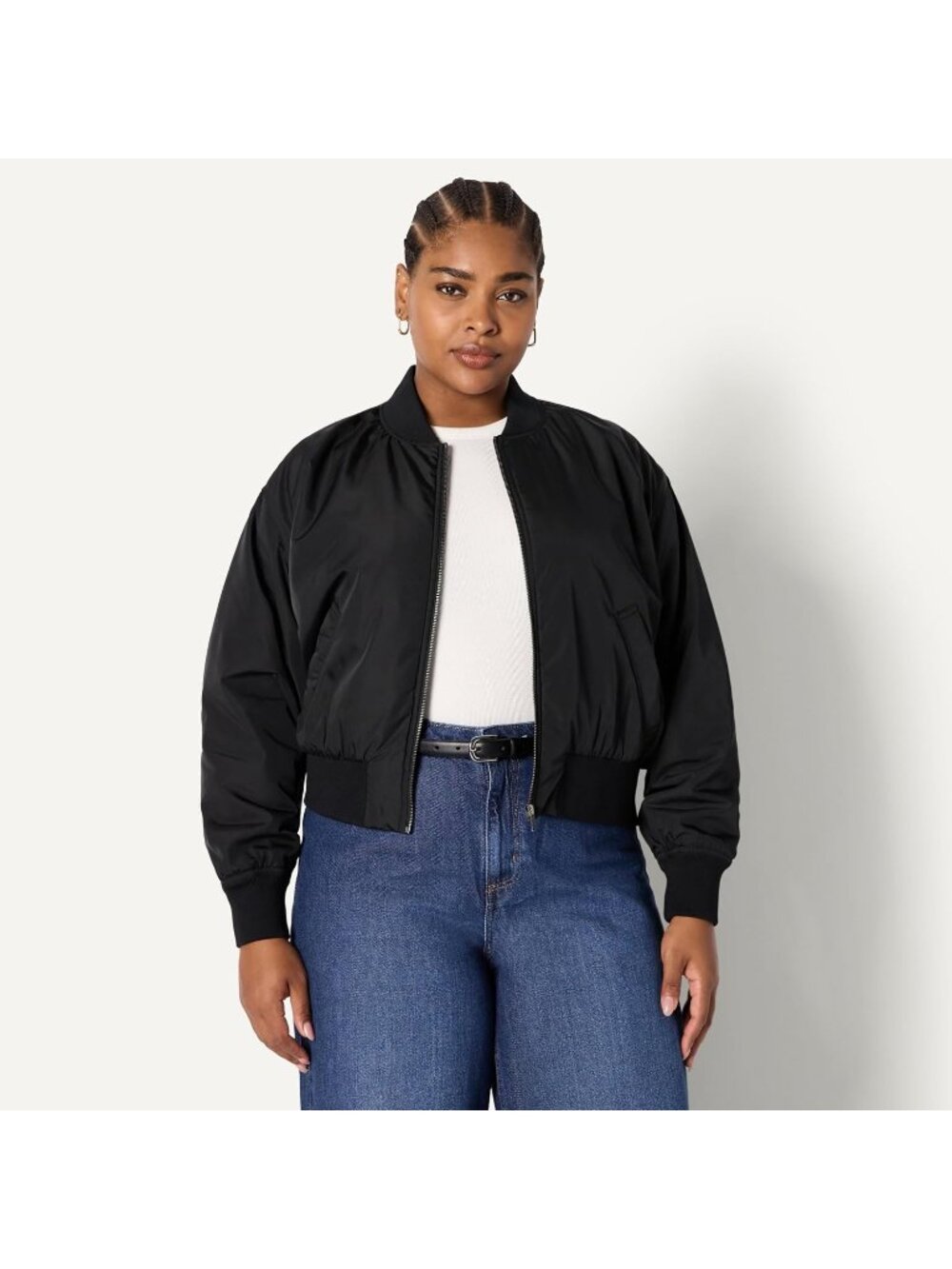 〽️Women's Black Relaxed Denim Bomber Jacket Padded Stretch Denim Coat - Picture 6 of 6
